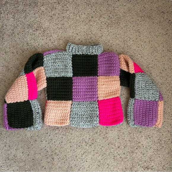 Multi Colored Crochet Pullover Sweater with Square Pattern High Neck Handmade - Picture 5 of 7